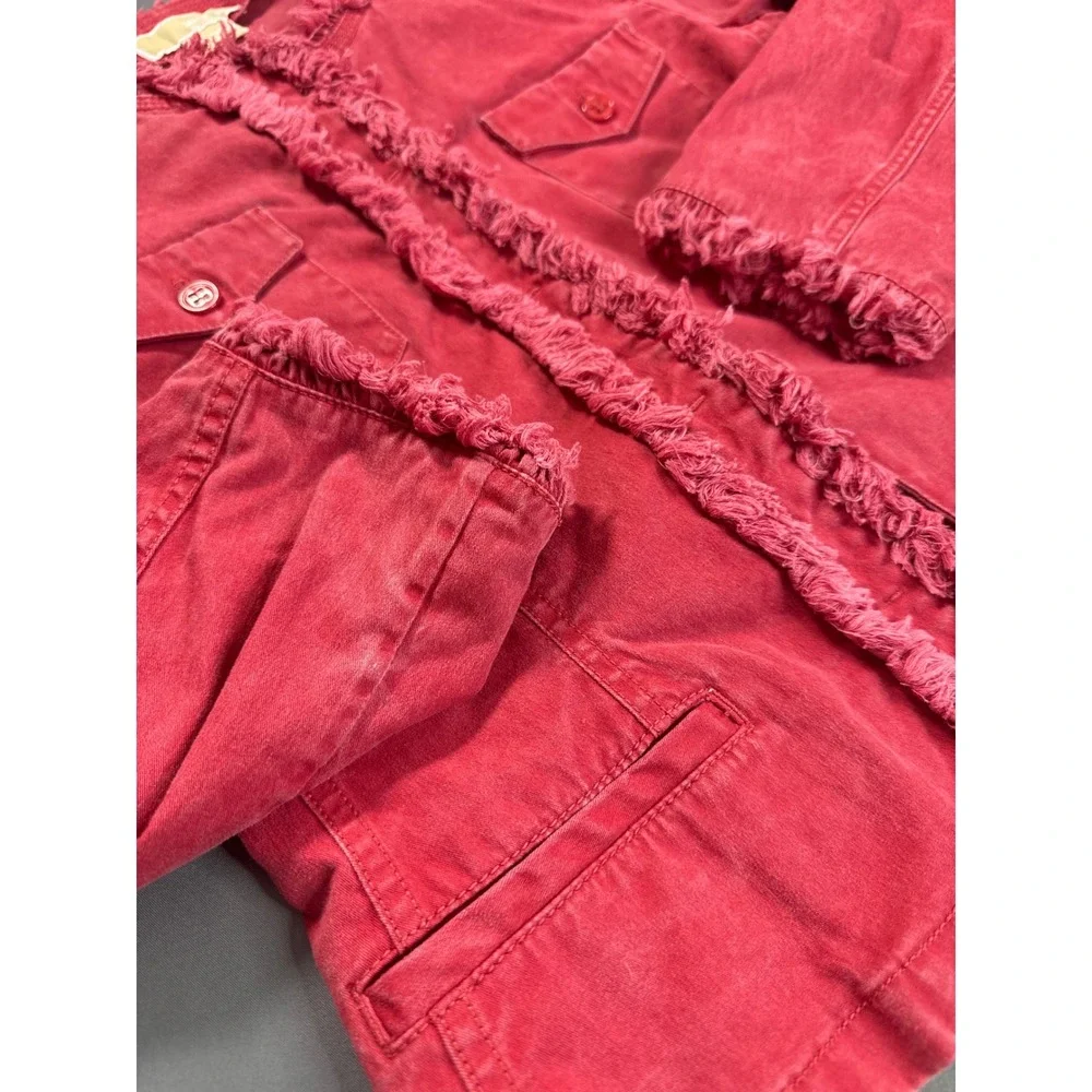 Michael Michael Kors Red Frayed Trim Denim Jacket XS Womens Collarless Utility